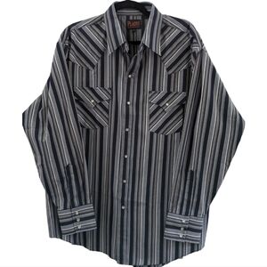 Plains Western Wear Blue,Gray &White Striped Pearl snap button down Size XL EUC